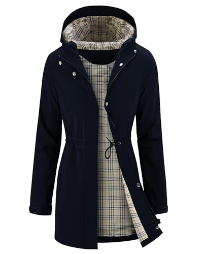 iCreek Women's Rain Jacket Long Raincoat Hooded Waterproof Windproof Plaid Lined Trench Coat Lightweight Packable for Outdoor