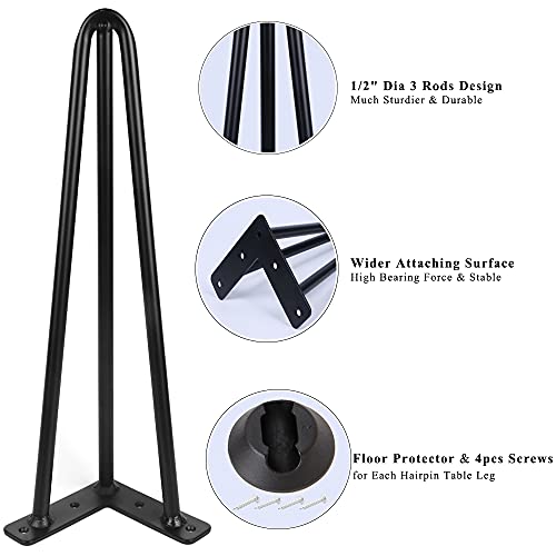 Alxeh 18 Inch Hairpin Table Legs 1/2” Dia 3-Rods Hairpin Furniture Feet 4Pcs, Heavy Duty Black Hairpin Legs With Floor Protectors For Coffee Table, Diy Desk And Stand #TOP2