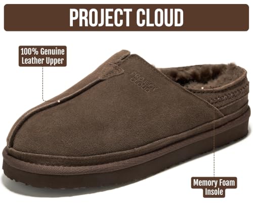 Image of Project Cloud Mens Slippers Genuine Leather Australian Shearling Slippers | Memory Foam Insole Non Slip Fuzzy Shoes Indoor Outdoor Warm Cozy Footwear Everyday Comfort Soft Lining Cushioned Sole Easy On
