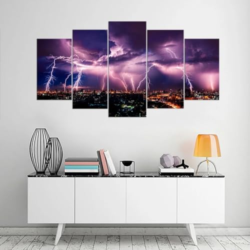 Tableaux abstraits modernes en 5 pièces : éclair et ciel d'orage sur la ville pour salon