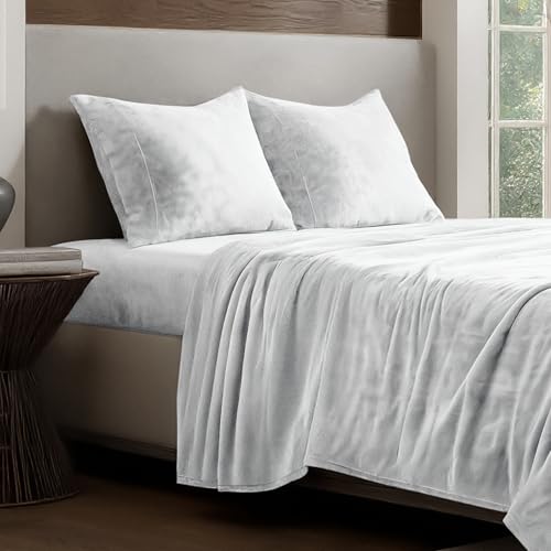 Bare Home Parure de lit en molleton micropeluche – Ultra douce, confortable et chaude – En peluche confortable en toutes saisons – Infroissable – Poche profonde – Draps de lit confortables (très grand lit, blanc)