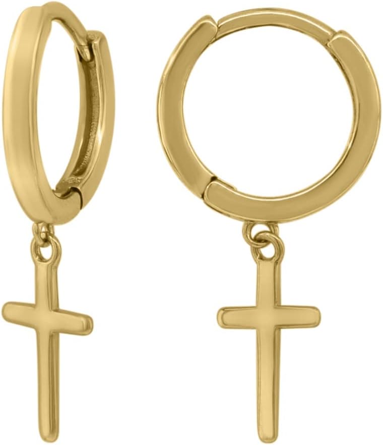 Diamond2Deal 925 Sterling Silver Yellow-Tone Cross Religious Dangle Hoop Earrings
