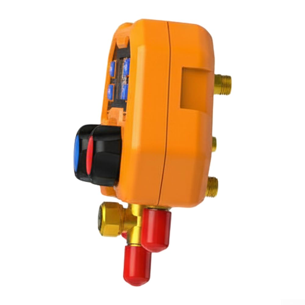 Medidor digital de fluoruro HVAC herramienta para reparación de CA, lector preciso de temperatura de presión, cuerpo de metal de doble válvula, color naranja, 110 x 75 x 135 mm