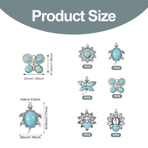 PandaHall 6pcs Tibetan Style Turquoise Charms Pendants Flower Butterfly Dragonfly Tortoise Connector Link Charms for Earrings Necklaces Jewelry Making - Image 3