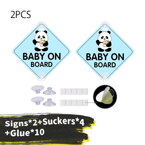 Image of 2PCS Panda Baby On Board Sticker for Cars, Cute Kids in Car Suction Cup Sign for Car Window Bumper Truck Auto Warning Decals (Suction Cup, Blue)