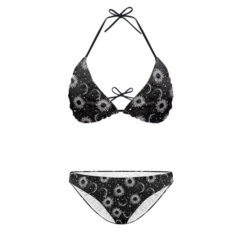 Jekioweii Women's Bikini Sets Two Piece Swimsuit V Neck Strap Top Low Rise Bottom Adjustable Spaghetti Straps Bathing Suit, Sun Moon, Medium