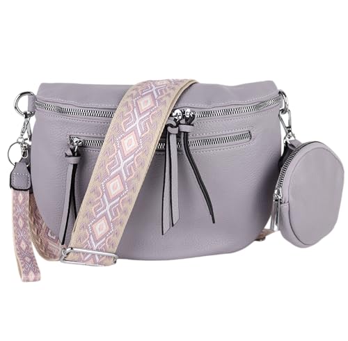 MIRROSI® Bauchtasche Damen, Veganleder 30x20x9cm, Umhängetasche, Brusttasche, Crossbody bag, Kunstleder leder, verstellbare Schulterriemen Bohemian Style (Flieder)