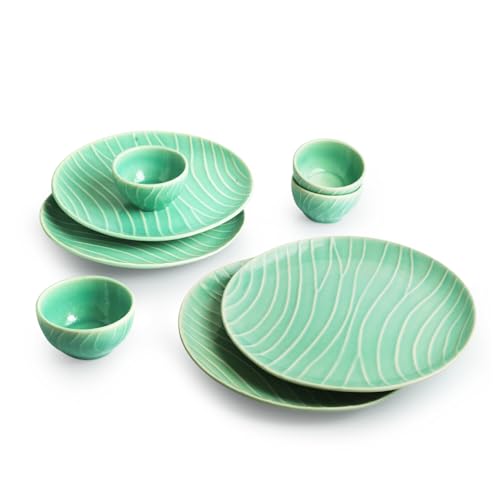 Image of ExclusiveLane 'Caribbean Green' Ceramic Dinner Set Ceramic Plates for Dinner Plates with Bowls Katoris (8 Pieces, Serving for 4, Dishwasher & Microwave Safe, Sea-Green) |Dinnerware Ceramic Serveware