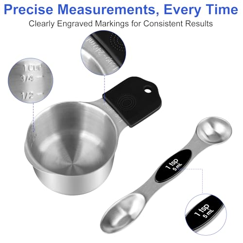 Magnetic Measuring Cups & Spoons Set, Strong N45 Magnets, Heavy Duty Stainless Steel Fits in Spice Jars for Baking & Cooking, BPA Free, Round Set of 15 with Leveler,Dark Black - Thumbnail 4