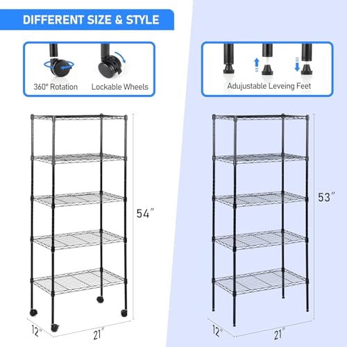 Image of Simple Deluxe 5-Tier Storage Shelves, 21 inch W x 12 inch D x 54 inch H Adjustable Heavy Duty Wire Metal Shelving Unit, Black