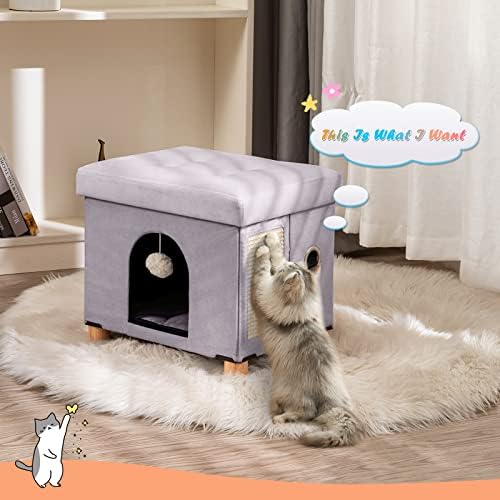 BRIAN & DANY Foldable Cat Bed for Indoor Cats, Large Cat Cube for Pet Cat House with Cat Scratch Board & Cat Ball, 37x31.8x36 CM, Gray