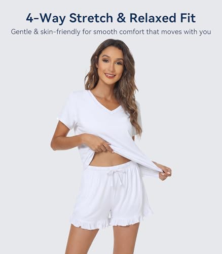 Image of WiWi Womens Pajamas Set Bamboo Viscose Super Soft Short Sleeve Top Ruffle Shorts Sleepwear Cooling Pj Sets S-XXL
