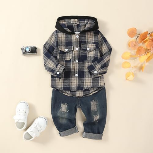 Image of Toddler Baby Boy Fall Winter Clothes Long Sleeve Plaid Hooded Sweatshirt Ripped Holes Jeans Set 1-5 Years Old