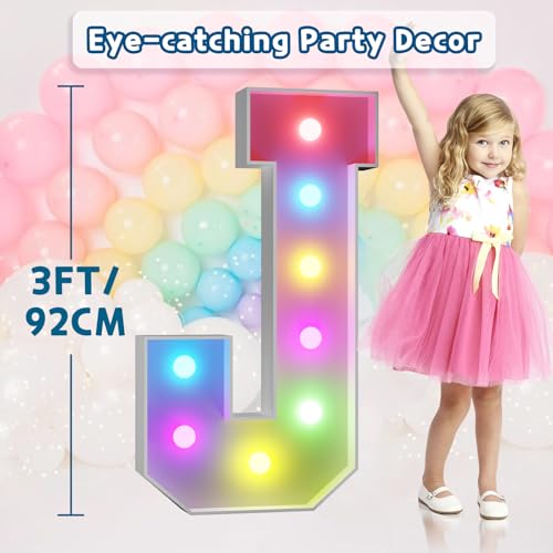 Image of Imprsv Colorful 3FT Marquee Letters J, 18 Colors Large Light up Letters | RGB with Remote, Birthday Party Decorations Anniversary Wedding Decorations Assembly Required 20 Pcs Accessory Set
