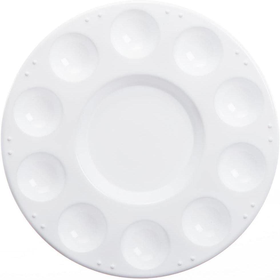 Darice White Plastic 10 Well Round Paint Palette – Perfect for Oil, Watercolor and Acrylic Paints – Wells are Great for Holding and Mixing Colors – For Fine Artists and Crafters - Washable, 7" Diameter