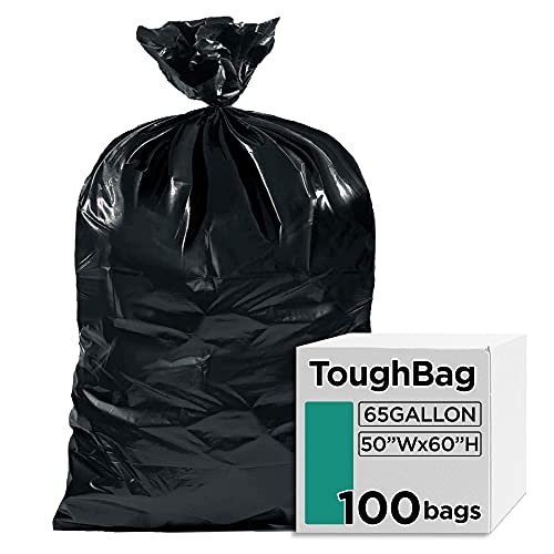 ToughBag 65 Gallon Commercial Trash Bags, 50x60” Large Black Outdoor Garbage Bags, Heavy Duty (100 Count) –For Custodians, Landscapers, Contractors, and Toter Liner, Made in USA