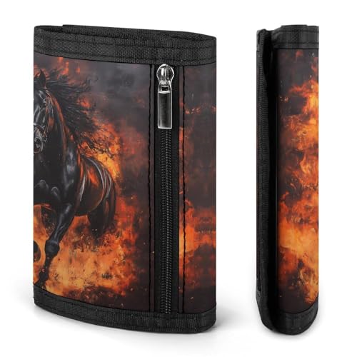 Black Horse Galloping through Flames Trifold Wallets for Men Women Ultra Thin Card Holder Purse with Zip Coin Pocket3