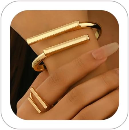 Geometric Square Open Bracelet Ring Jewelry Set for Women Chunky Lines Statement Open Cuff Bangle Rings Adjustable Chunky Stackable Bracelet Ring Jewelry Gifts