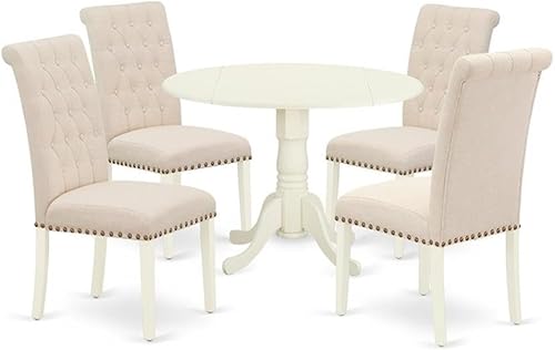 East West Furniture DLBR5-WHI-02 - Juego de mesa de comedor de 5 piezas para 4 personas, incluye una mesa de cocina redonda con gotas y 4 sillas