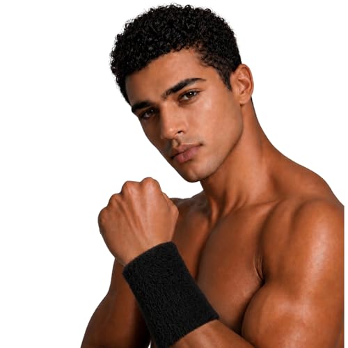 NEVER LOSE Wristbands - Wrist Sweat Bands for Athletic Unisex Cotton Terry Cloth Sports Bands for Working Out, Tennis, Gymnastics, Baseball, Basketball, Football, Gym Exercise (BLK, 5Inch)