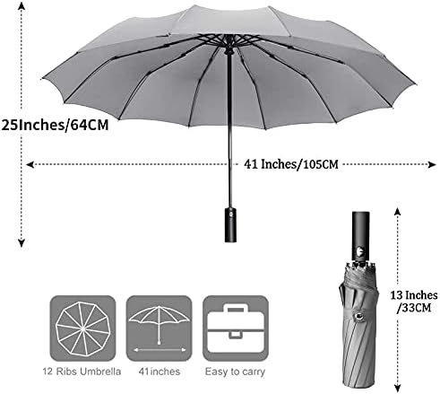 Sonline 12 Ribs Handheld Folding Umbrella Windproof Travel, Open/Rain Umbrellas for Mens Women-Gray, Medium - Image 4