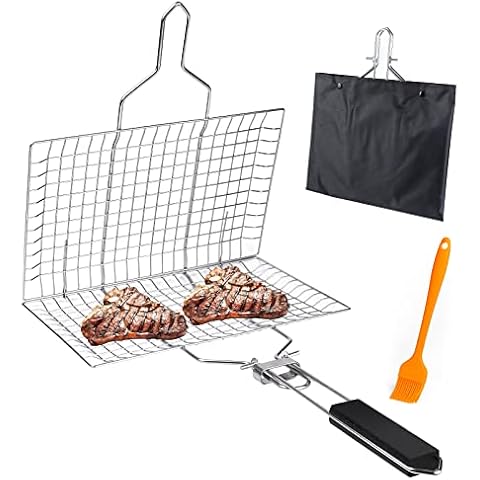 Stainless Steel Grilling Basket Barbecue Grill Basket Portable Gril basket with Removable Handle,Perfect for Grilling Vegetables Fishes Shrimp Steak meat and more with Carrying Pouch,A Useful BBQ Tool Cover