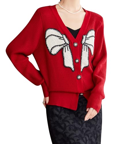 LAI MENG FIVE CATS Women's V-Neck Sweaters Long Sleeve Button Knit Tops Casual Blouse