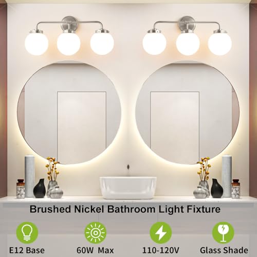 Image of Bathroom Light Fixture 22.4in 3Light Brushed Nickel Vanity Light for Mirror | Bathroom Lighting Fixtures over Mirror, ETL, Brushed Brass Wall Sconce, Dimmable E12 Base Max 60W, Milky Glass Ball Shades