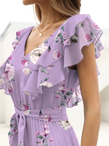 ANRABESS Women V Neck Ruffle Sleeve Floral Pleated Maxi Dresses Summer Boho Belt Empire Waist Wedding Guest Party Flowy Dress Floral Purple Rose XX-Large — view 5