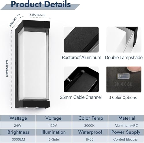 Image of Outdoor Lights for House 24W Exterior Lighting Fixtures 3-Color Adjustable 2200LM IP65 Waterproof Aluminum Exterior Wall Light Compatible with Dimmers for Patio, Yard, Back Yard 1 Pack