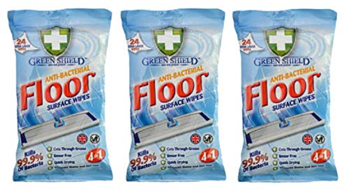 3 x GREENSHIELD ANTIBAC Floor Surface Wipes Packs of 24 Extra Large WIpes (72 Wipes)