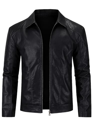 Image of Zbrandy Mens Leather Jacket Faux Leather Motorcycle Jackets Turn Down Collar Biker Coat Outwear Black L