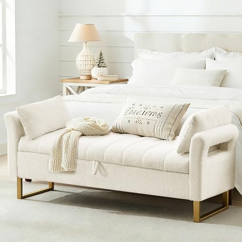 AEMEIOS 66 King Size Storage Bench for Bedroom End of Bed Bedroom Benches for Foot of Bed King with Gold Legs Ivory White Storage Ottoman Bench with Storage for Bedroom Teddy