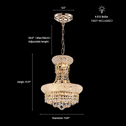 Tmafon Small Gold Crystal Chandelier Lighting - 4 Lights Empire Ceiling Hanging Pendant Light, Modern Chandeliers For Dining Room, Living Room, Foyer, Hallway, Entryway, Dia 11.8" #TOP3