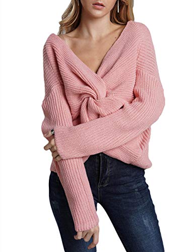 Sexyshine Women's V Neck Criss Cross Backless Long Batwing Sleeve Loose Knitted Sweater Pullovers(PI,M) Pink