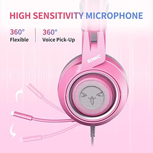 SOMiC G951S Pink Gaming Headset with Mic for Xbox One, PS5, PS4, PC, Removeable Cat Ear Headphone for Girls Women, with 3.5mm Plug/Control Box