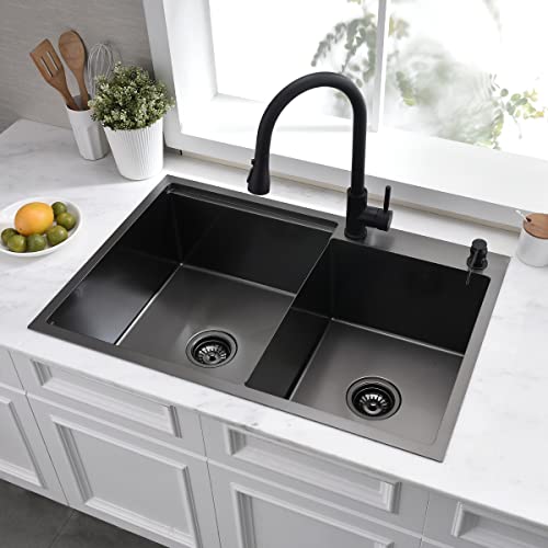 33 Inch Black Drop In Double Bowl Splash Guard Workstation Kitchen Sink - 33 Inch Topmount Kitchen Sink 16 Gauge Stainless Steel 10'' Deep Handmade Kitchen Sink With Cutting Board& Strainer #TOP3