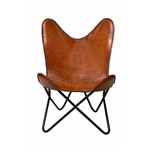 Classy Handmade Leather Living Room Chairs-Butterfly Chair Tan Side Hand Stich Leather Butterfly Chair-Handmade with Powder Coated Folding Iron Frame (Cover with Folding Frame) (Stylish Black Frame)