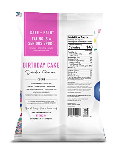Safe And Fair Birthday Cake Drizzled Popcorn - Gluten-Free, Dairy Free And Vegan Snack - Free From Top 9 Allergens And Artificial Ingredients – Non Gmo, Plant Based Kettle Popped Corn, 7.5 Oz Pack #TOP2
