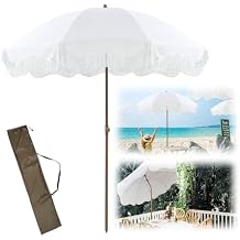 6ft Patio Table Umbrella UPF 50+ Fringed Garden Umbrella Portable Beach Umbrella for Travel Stable Umbrella Bone Anti Pinch Button Waterproof Adjustable Height and Tilt Include Carry Bags