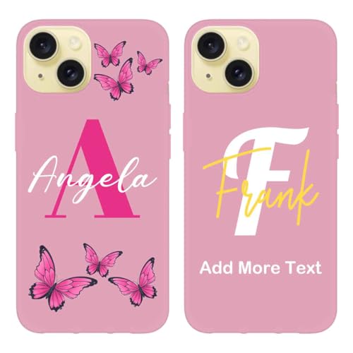 AESTHESTIFY Custodia con nome personalizzato per iPhone 15 - Personalizza la cover del telefono rosa con nome iniziale Monogramma, farfalla opzionale | Custodia protettiva morbida in silicone sottile