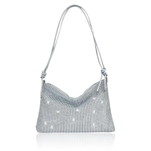 VIDSTW Damen Glitzer Tasche, Abendtasche Damen Hohe Kapazität Mit Reißverschluss, Verstellbarer Schultergurt Elegante Tasche Damen, für Abend Prom Hochzeit Party Bankett (Silber)