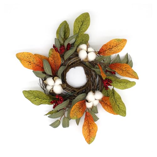 CVHOMEDECO. Rustic Country Artificial Fall Leaves and Twig Wreath, Autumn Cotton Peach Wreath for Indoor or Outdoor Display, 9-Inch