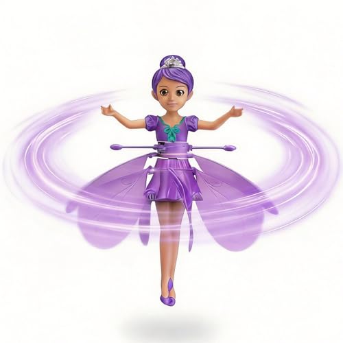 Purple Flying Fairy Doll Toy with Rotating Skirt Wings Magic Flying Fairy Princess Doll with Hand-Guided Infrared Induction Flying Toy with LED Lights USB Rechargeable Sky Dancers Flying Dolls