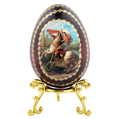 St Saint George Wooden Icon Egg on Metal Gold Tone Stand 6 Inch, Religious Handmade Gift Decor