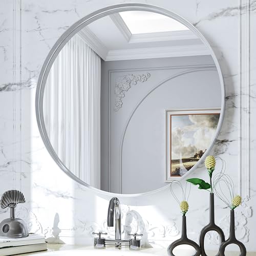 Suidia Espejo de baño, espejo de pared plateado de 24 pulgadas, espejo de pared redondo para baño, tocador, sala de estar, entrada, espejo circular de tocador de baño