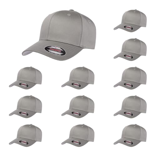 Flexfit 12-Pack Wooly Combed Premium 6-Panel Structured Baseball Cap | Stretch Fitted | Bulk Pack Available(Grey,L/XL)