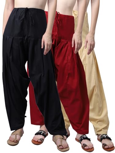Image of Pistaa's Women's Regular Fit High Rise Combo of 3 Solid Pure Cotton Patiala Salwar