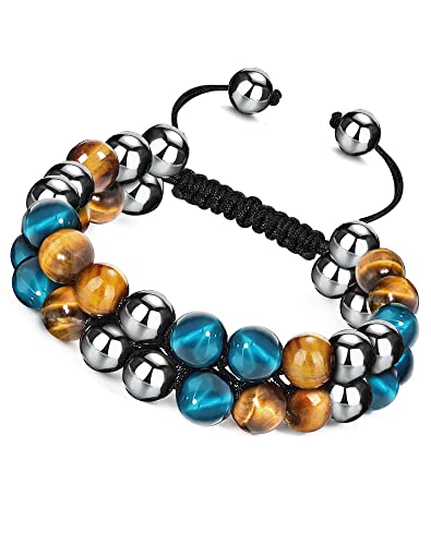 Triple Protection Bracelet, BUFOR Blue Tiger Eye Black Obsidian Hematite Men Bracelet 8mm Beads Handmade Womens Bracelets for Protection