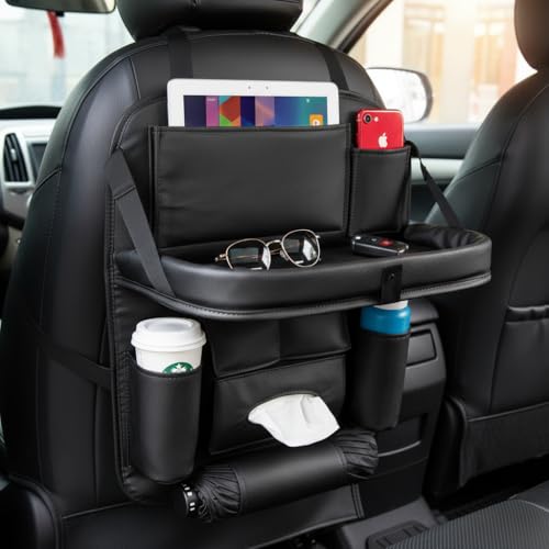 Image of Premium PU Leather Auto Car Back-Seat Organizer with Tray, Multi-pocket Storage, Tablet Holder, Bottle and Tissue Paper Holder, Mobile Holder and Tray for food